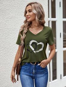 EMERY ROSE Women's Spring Heart Printed Short Sleeve T-Shirt - Army Green - View 6