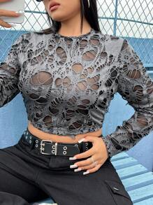 SHEIN ICON 大尺碼酷仿舊修身 T 卹 - 灰色 - 查看 5