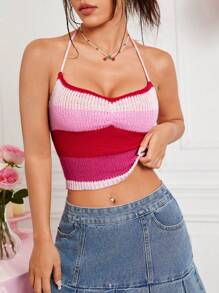 SHEIN Qutie 女士渐变条纹露背吊带针织上衣 - 玫紅色 - 查看 3