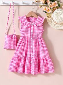 SHEIN Vestido de cuadros rosado y blanco lindo y casual para niñas jóvenes en vacaciones - Rosa - Ver 1