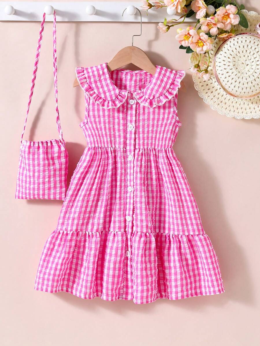 SHEIN Vestido de cuadros rosado y blanco lindo y casual para niñas jóvenes en vacaciones - Rosa - Ver 1