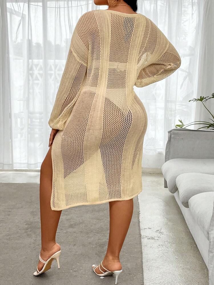 Plus Size Solid Color Hollow Out Knitted Sweater Dress