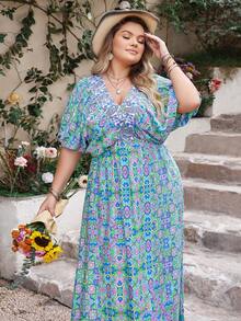 Rusttydustty Plus Size All-Over Print Batwing Sleeve Dress - Green - View 8