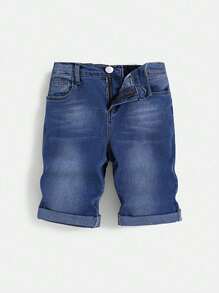 SHEIN 青少年男孩卷邊牛仔短褲 - 藍色 - 查看 1