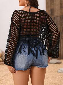 SHEIN Holidaya Áo len dệt kim tua rua trơn cỡ lớn cho nữ - màu đen - Xem 2