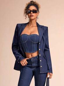 SHEIN BAE Back Zipper Closure Stitched Denim Bustier Top - Blue - View 1