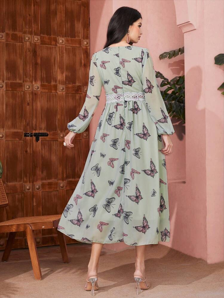 Butterfly Printed V-Neck Patchwork Lace Tape Lantern Sleeve Dress