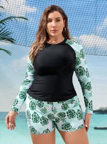 SHEIN Swim Curve Plus Size Tropical Print Kimono Sleeve Top And Shorts Bikini Set Carnival - Multicolor - View 3