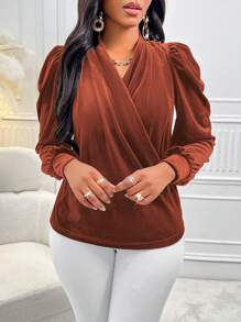Zolique Puff Long Sleeve Wrap Blouse - Brown - View 6