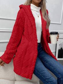 SHEIN LUNE 女士實色毛絨扣前帽子外套 - 紅色 - 查看 5