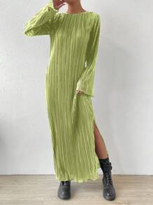 SHEIN Essnce 長袖側開叉連身裙 - 綠色 - 查看 5