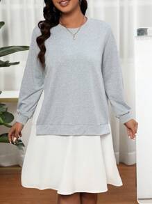 SHEIN LUNE 大尺碼女士拼接圓領連衣裙 - 彩色 - 查看 1