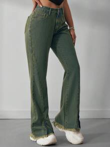 SHEIN ICON Quần Jeans Ống Loe Cạp Thấp Nhuộm Màu Cho Nữ - Rửa tối - Xem 3