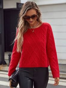 圓領菱形圖案毛衣 - 紅色 - 查看 3