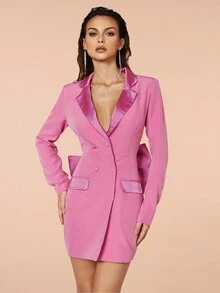 正式女式露背蝴蝶结装饰短袖优雅迷你连衣裙 - 玫紅色 - 查看 3