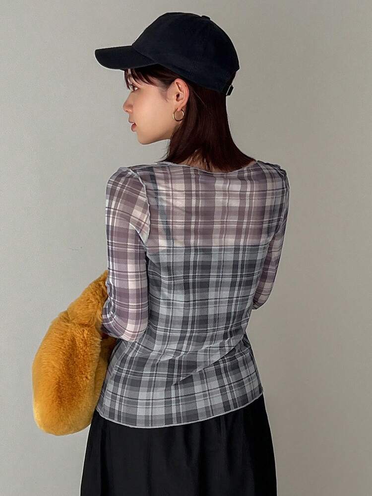 Women's Plaid Sheer Tops Long Sleeve Women Tops