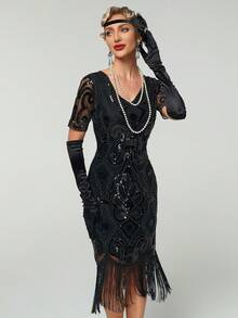 1pc Women's 1920s Vintage Sequin Mesh Short Sleeve Mini Dress Elegant Cocktail Semi Formal Prom Wedding Guest Dress, For Birthday, Graduation, Dinner, Homecoming,Party Dress - Black - View 3