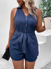 EMERY ROSE 大尺碼女式無袖襯衫連體短褲 - 藍色 - 查看 4