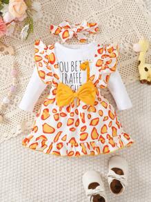 3入組寶寶女孩可愛卡通長頸鹿和字樣印花圓領長袖連體褲、荷葉肩帶裙和頭帶,適用於休閒或戶外 - 彩色 - 查看 3