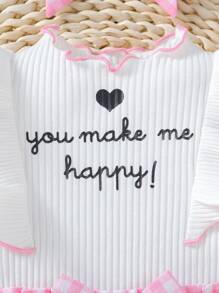 SHEIN Vintaside Kids Baby Girl Slogan Printed Ruffle Hem Top And Checked Shorts Set - Multicolor - View 4