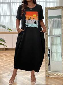 SHEIN LUNE Plus Size Round Neck Short Sleeve Dress With Hidden Pockets - Black - View 1