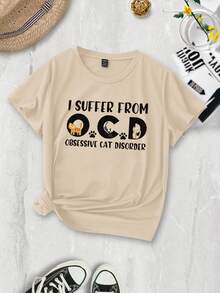 T-shirt À Manches Courtes Pour Femme Avec Imprimé De Slogan Et De Dessin Animé - Kaki - Voir 1