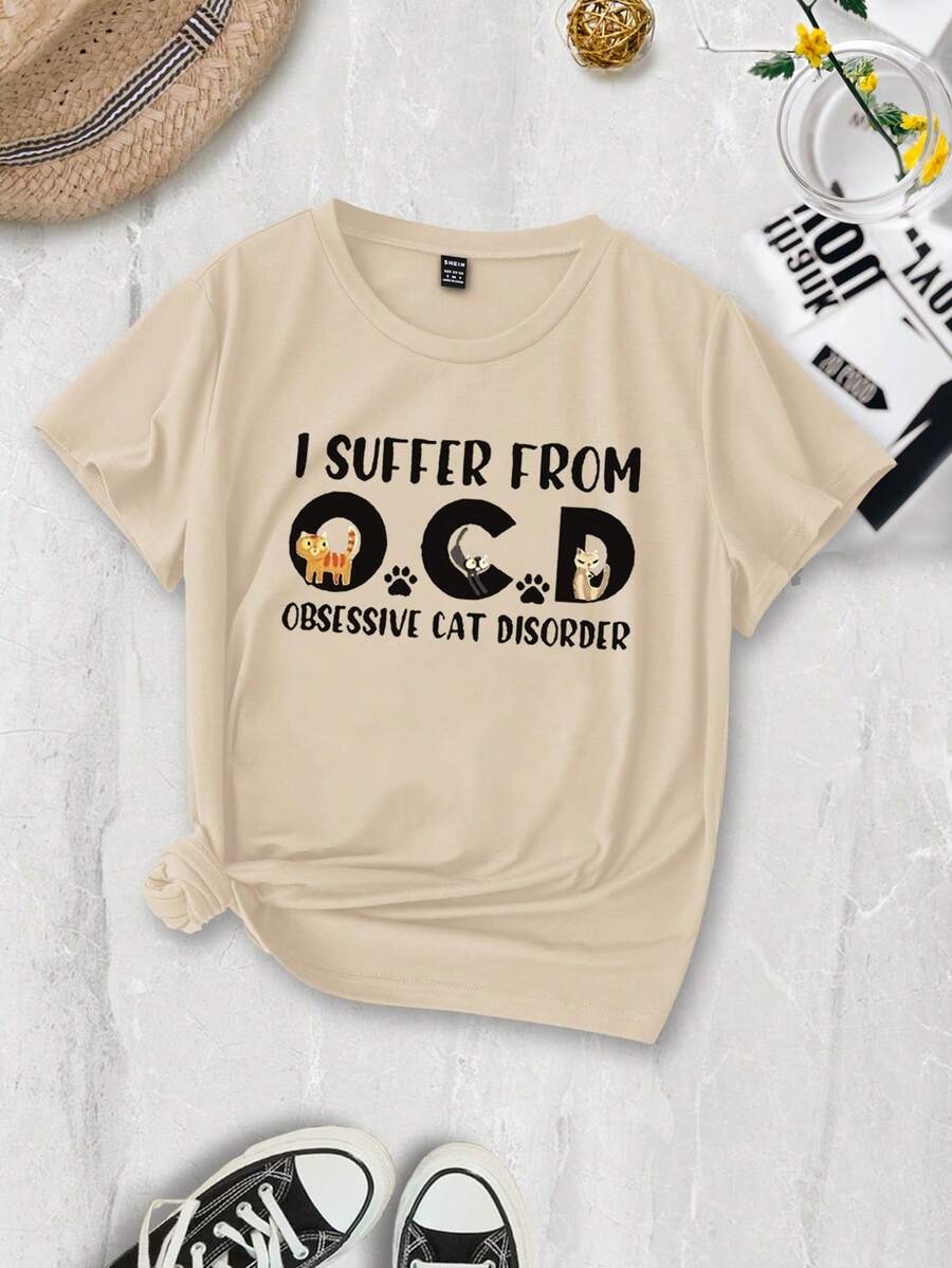 T-shirt À Manches Courtes Pour Femme Avec Imprimé De Slogan Et De Dessin Animé - Kaki - Voir 1