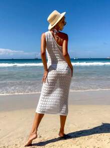 SHEIN Swim 夏季单件镂空针织单肩无袖罩衫连衣裙音乐节 - 白色 - 查看 2