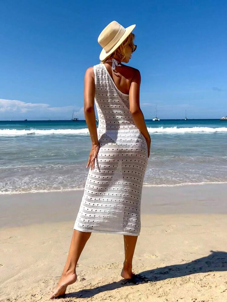 Summer 1pc Hollow Out Knitted One Shoulder Sleeveless Cover Up Dress Music Festival