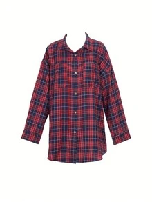 大碼休閒方格鈕扣襯衫帶口袋 - 紅色 - 查看 3