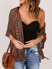 Astylish 女士可爱镂空流苏轻质夏季开衫毛衣沙滩和服罩衫 - 棕色 - 查看 1