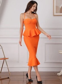 荷葉邊束身cami洋裝 - 橘色 - 查看 1