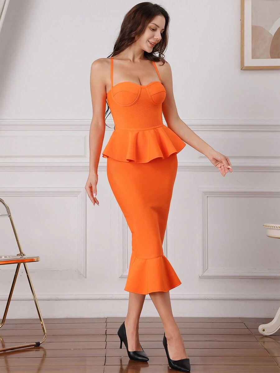 荷葉邊束身cami洋裝 - 橘色 - 查看 1