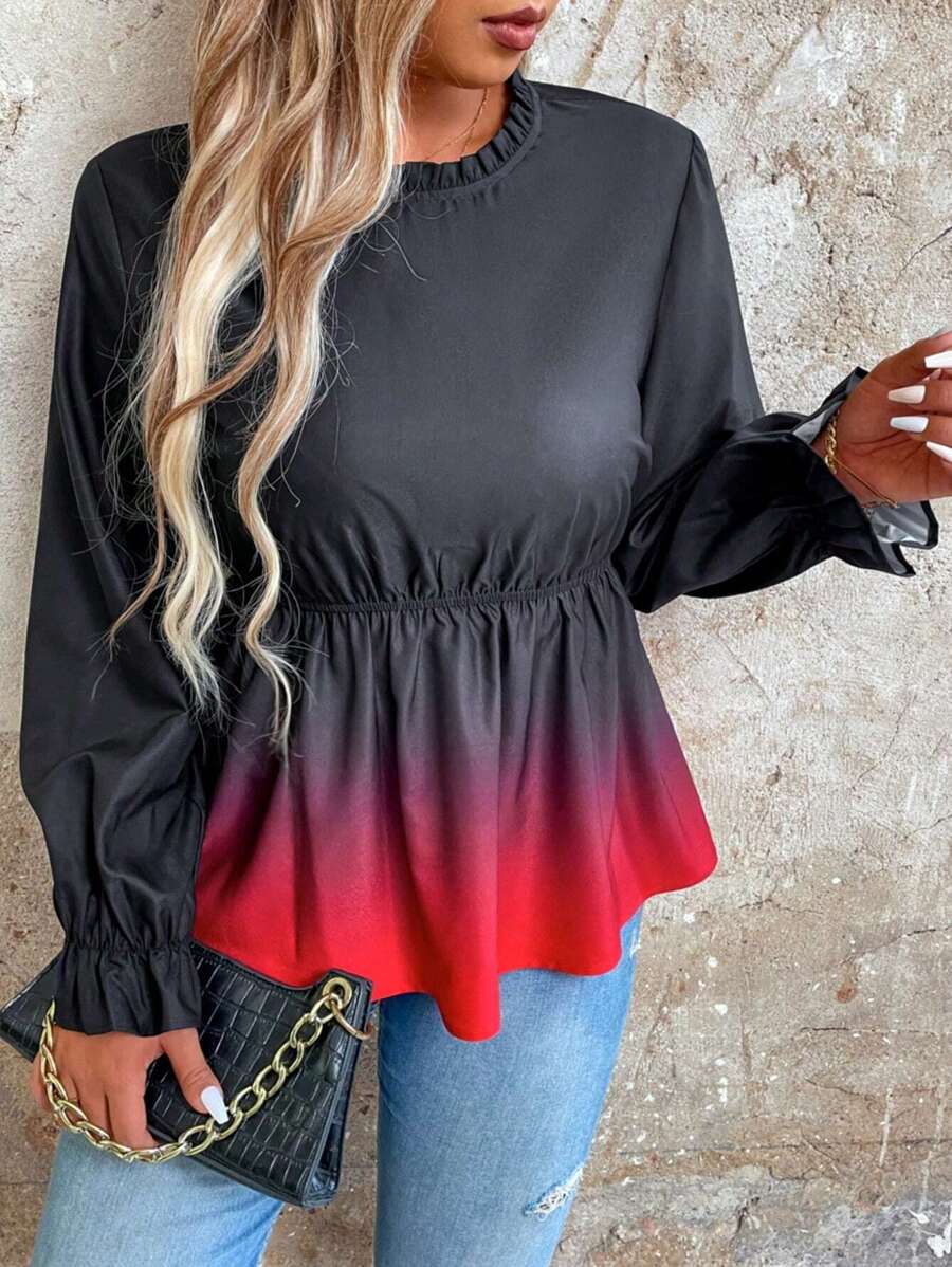 SHEIN Clasi Plus Size Women's Gradient Color Ruffle Trim Blouse - White - View 1