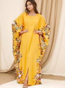 宽松版型碎花端庄长款蝙蝠袖阿拉伯连衣裙，黄色，卡夫坦 - 黃色 - 查看 3