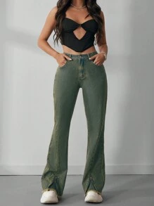 SHEIN ICON Quần Jeans Ống Loe Cạp Thấp Nhuộm Màu Cho Nữ - Rửa tối - Xem 4