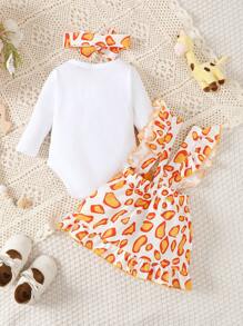 3入組寶寶女孩可愛卡通長頸鹿和字樣印花圓領長袖連體褲、荷葉肩帶裙和頭帶,適用於休閒或戶外 - 彩色 - 查看 2
