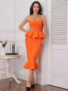 荷葉邊束身cami洋裝 - 橘色 - 查看 3