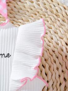 SHEIN Vintaside Kids Baby Girl Slogan Printed Ruffle Hem Top And Checked Shorts Set - Multicolor - View 5