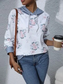 Women's Floral Printed Drawstring Hoodie - Multicolor - View 5