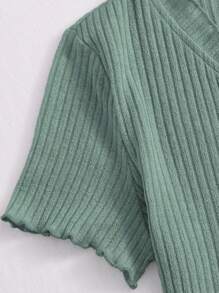 SHEIN EZwear Button Front Lettuce Trim Rib-knit Tee - Mint Green - View 3
