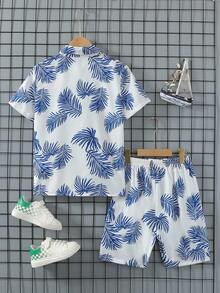 SHEIN Cậu bé Tween Bản in lá Ngắn tay Áo sơ mi Và Bộ quần short - Nhiều màu - Xem 2