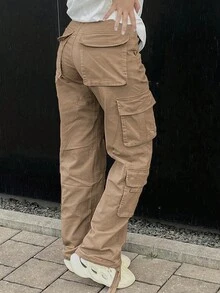 女士纯色带盖口袋工装裤 - 卡其色 - 查看 2