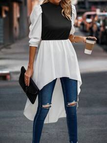 SHEIN Clasi Women's Stand Collar Colorblock Asymmetric Hem Blouse - Black and White - View 1