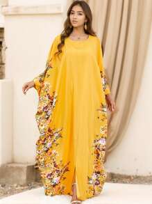 宽松版型碎花端庄长款蝙蝠袖阿拉伯连衣裙，黄色，卡夫坦 - 黃色 - 查看 4