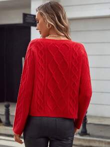 圓領菱形圖案毛衣 - 紅色 - 查看 2