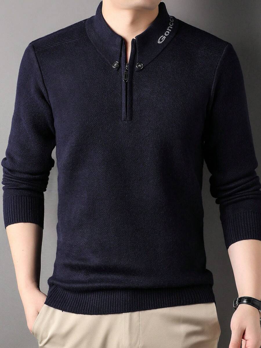 男士拉鍊半拉鍊立領套頭衫 - 藏蓝色 - 查看 1