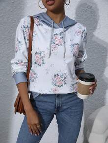 Women's Floral Printed Drawstring Hoodie - Multicolor - View 3