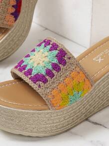 New Arrival Women'S Leisure Holiday Style Linen Wedge Heel Slippers With Flower Embellishment On Thick Sole