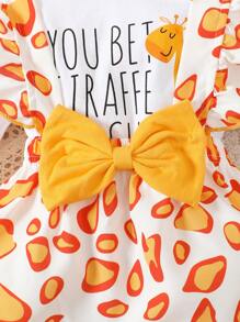 3入組寶寶女孩可愛卡通長頸鹿和字樣印花圓領長袖連體褲、荷葉肩帶裙和頭帶,適用於休閒或戶外 - 彩色 - 查看 5